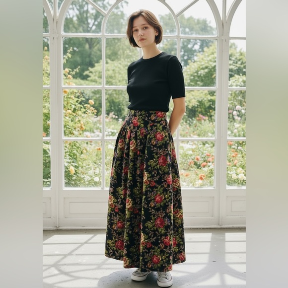 Vintage Dresses & Skirts - Vintage Black Floral Maxi Skirt
